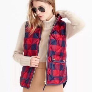 J.Crew Buffalo Plaid Excursion Down Vest, Red & Navy Blue, Size M